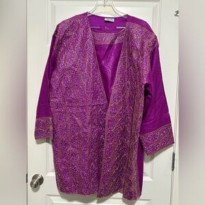 Purple Embroidered Open Front Jacket With Tank & Scarf.